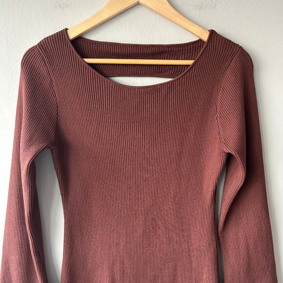 Commense Brown Ribbed Knit Midi Dress Long Sleeve Women’s Size S - Picture 2 of 7